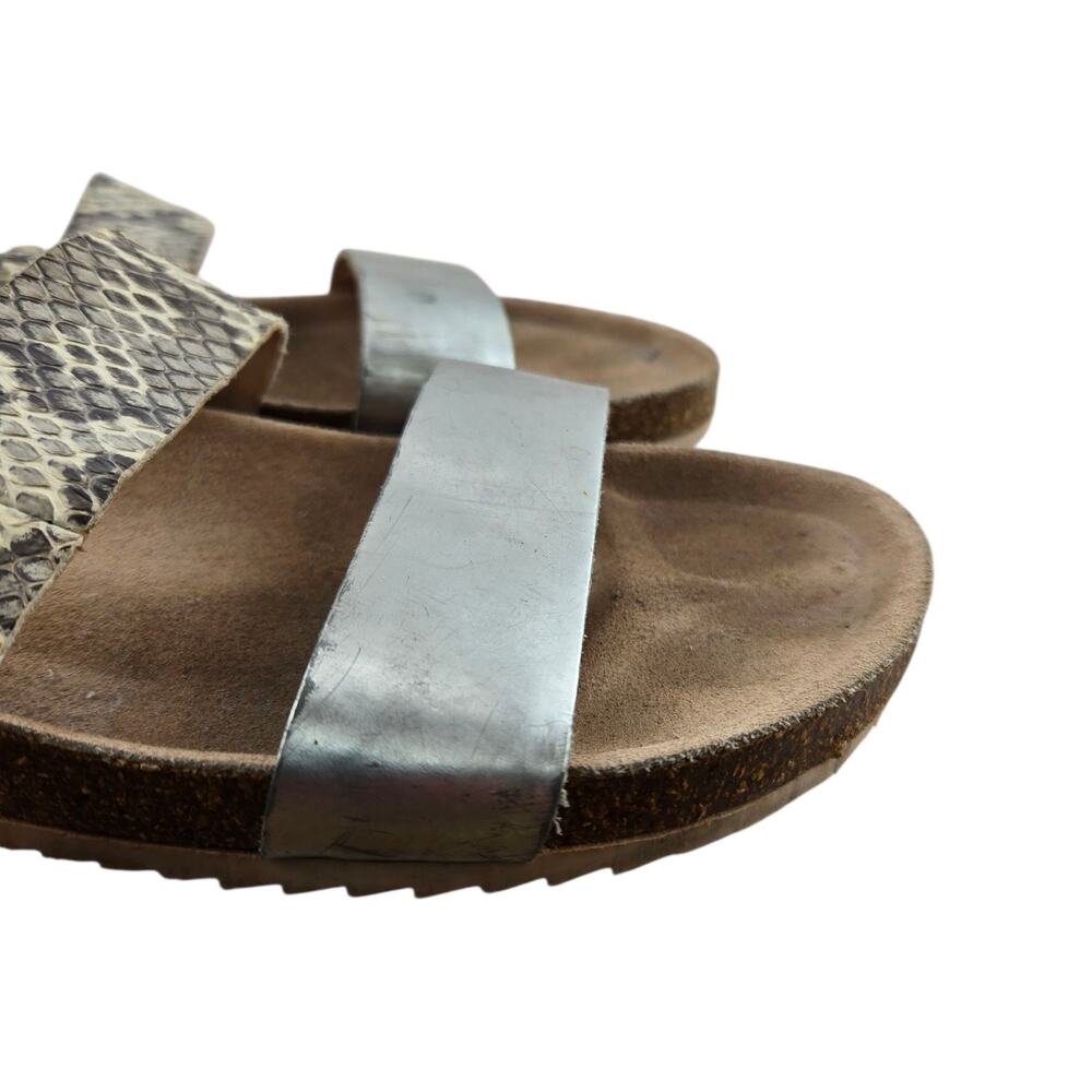 Loeffler Randal Sandals Womens 9 Slip On Cork Cream Snake Print Silver Leather - Picture 3 of 13
